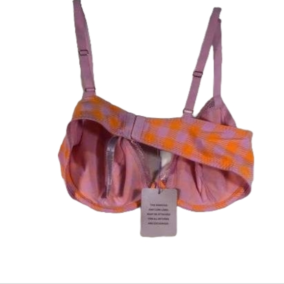 NWT Savage X Fenty Gingham Remix Unlined Plunge Bra 38D Ruffle M Thong 2 pc set - Picture 8 of 9